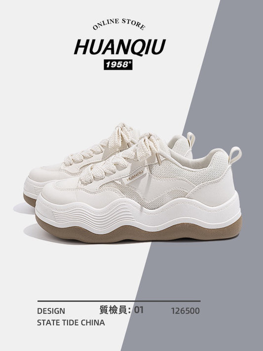 Global Wave Bottom Bread Shoes Women's New 2023 Summer Mesh Surface Breathable Summer Small White Shoes Thick-soled Sports Shoes
