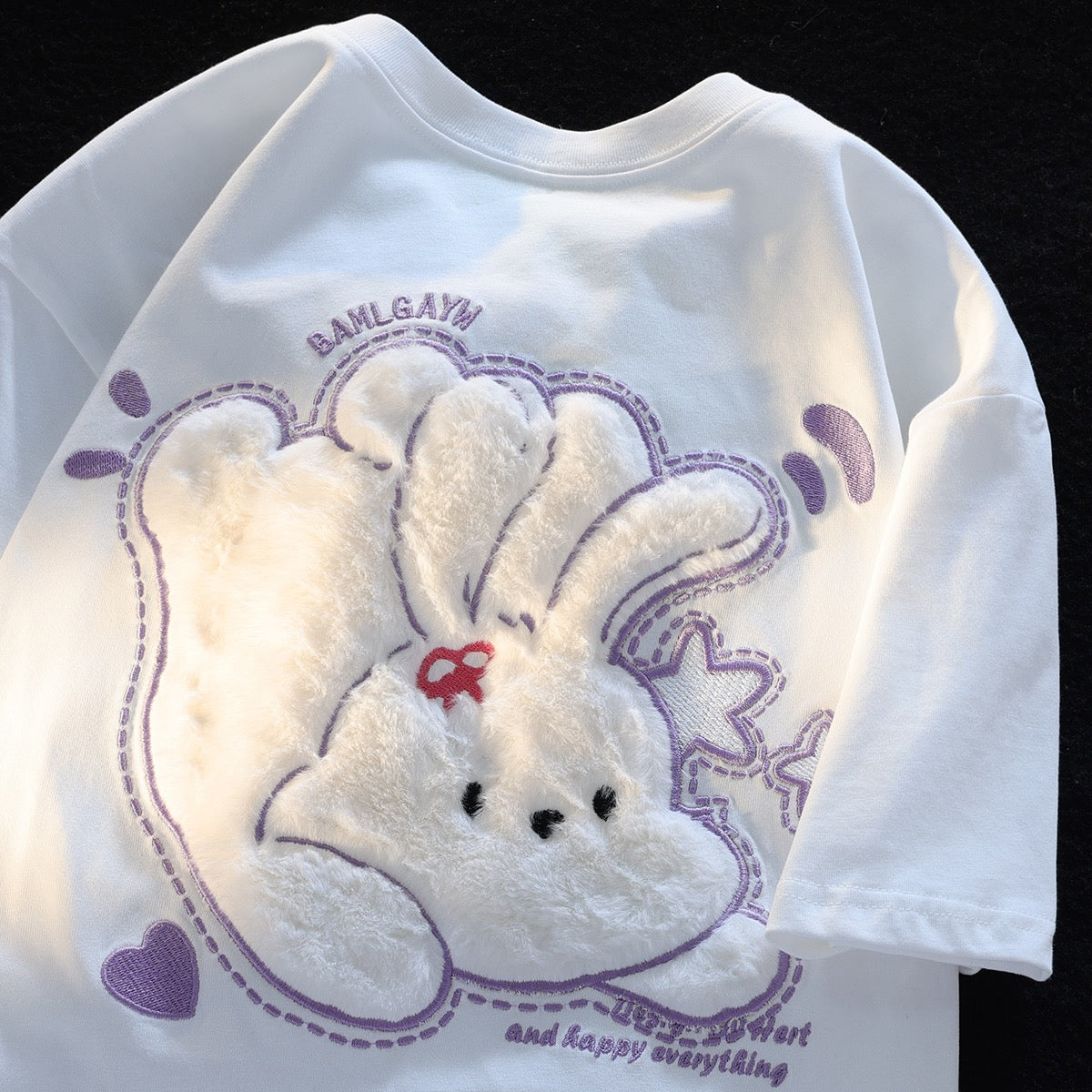 JWNEED plush bunny t-shirt men and women summer cute white 3D three-dimensional personality gentle couple short-sleeved