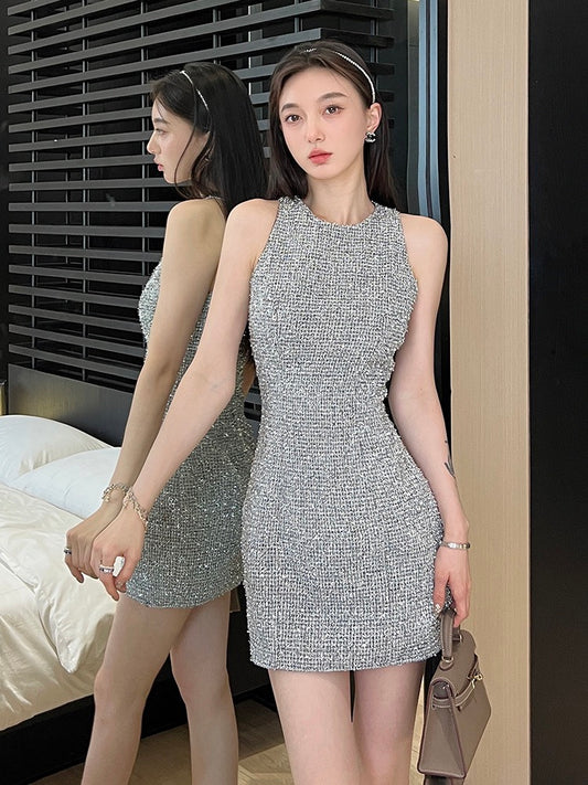 European Station High-end Exquisite Sleeveless Vest Dress New Small Man Shows Tall and Elegant Sequins Package Hip Short Skirt Female