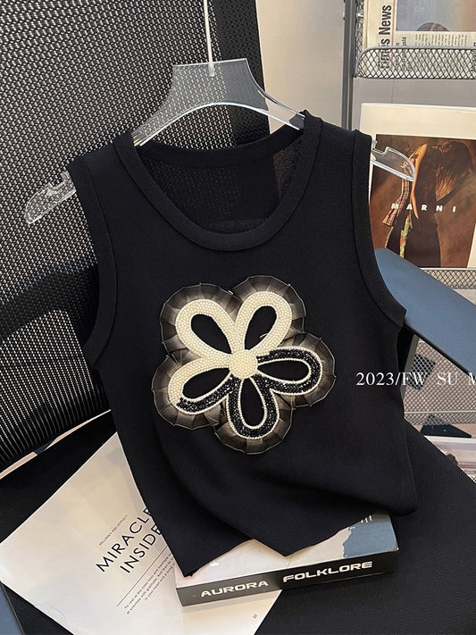 High-end heavy industry beaded flower patch sleeveless vest women's summer new high-end light luxury fashion knitted top