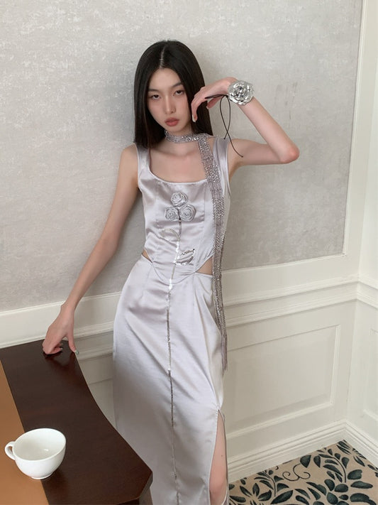 2023 summer new elegant silver gray imitation satin rose sequins slit long skirt dress women