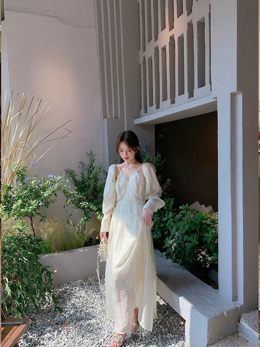 ByYou summer v-neck suspender dress two-piece female sunscreen coat sleeveless waist waist long skirt suit