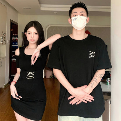 Couple wear summer clothes 2023 new niche design short-sleeved T-shirt women's waist slimming dress one skirt and one suit