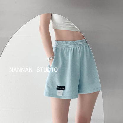 Street hot girl letter label sports shorts women's high waist drawstring slimming wide-leg hot pants loose casual three-point pants