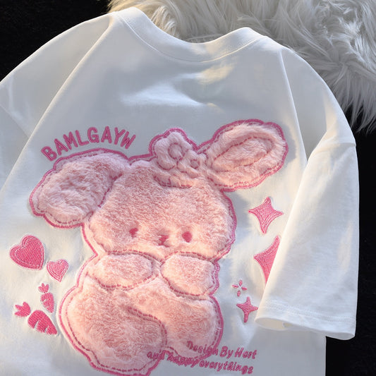 JWNEED pink bear short-sleeved t-shirt men and women summer sweet and cute plush three-dimensional embroidery couple tops