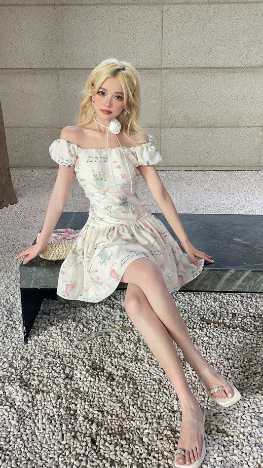 MOXI off-shoulder broken flower boudoir honey outfit with a sense of thin letter print one-shoulder pleated dress long skirt short