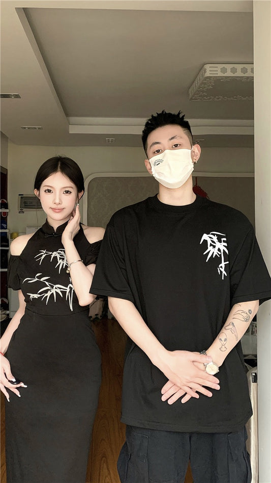 New Chinese style couple clothes summer niche design sense short-sleeved t-shirt women's cheongsam dress French one skirt one clothes tide