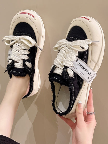 Baotou semi-slippers women's summer wear ins tide 2023 new opening smile canvas shoes thick-soled small white sandals and slippers