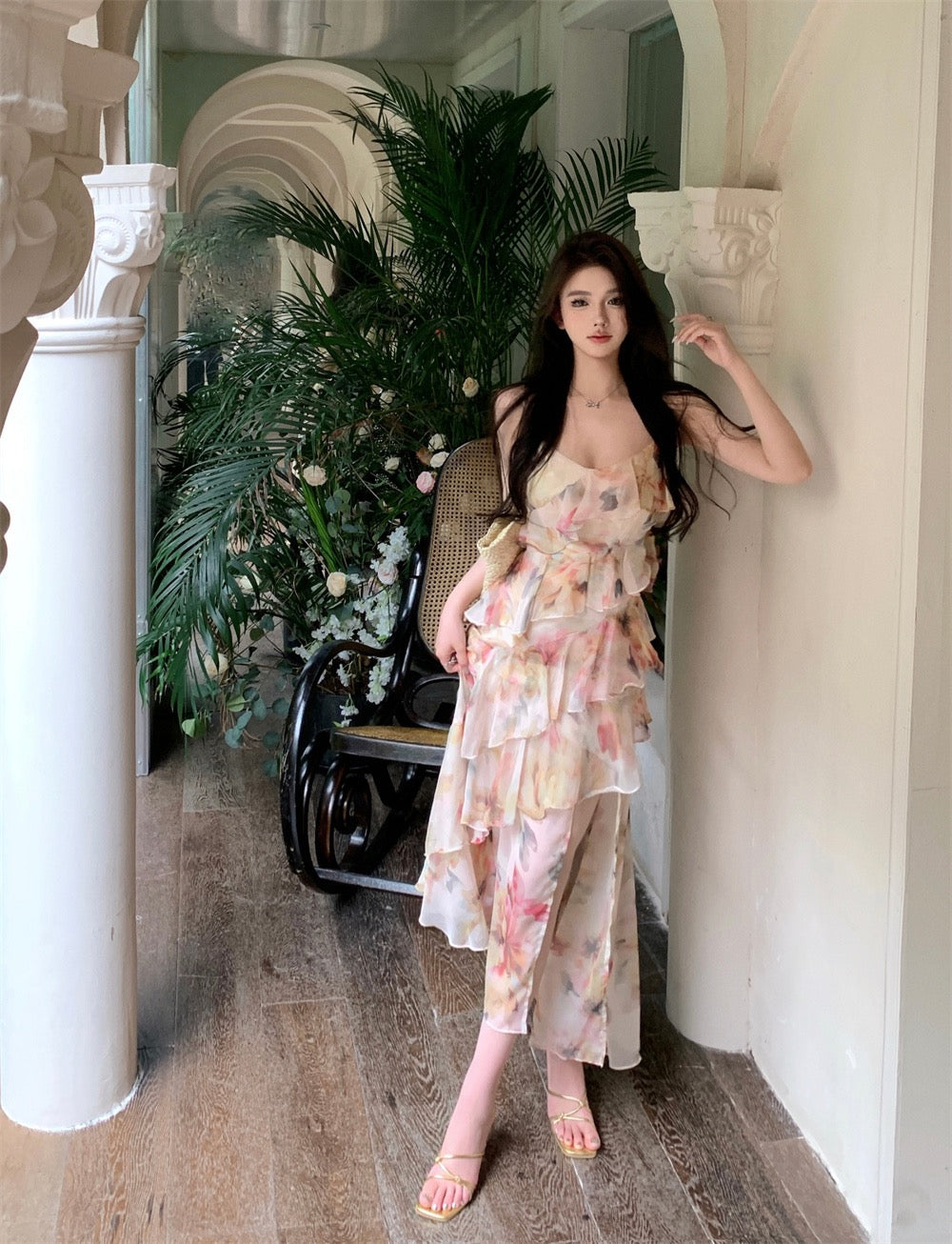 Pure desire wind floral chiffon suspender dress women's summer French skirt waist slit high-end temperament long skirt