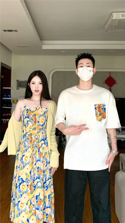 Couple outfit summer niche design sense Korean version short-sleeved t-shirt men and women two-piece suit French one dress one skirt ins tide brand