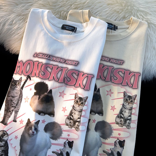 Jew4room American retro cat pattern t-shirt boys high street oversize couple outfit short-sleeved DayZup