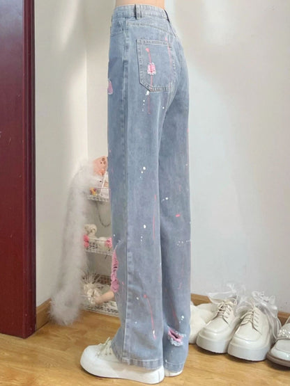 Ripped jeans women's summer 2023 new pants look thin and versatile high waist wide leg pants loose drape trousers