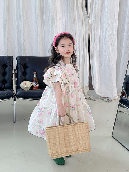 Girls summer dress 2023 new foreign style pure cotton girl birthday princess dress short-sleeved floral children's skirt