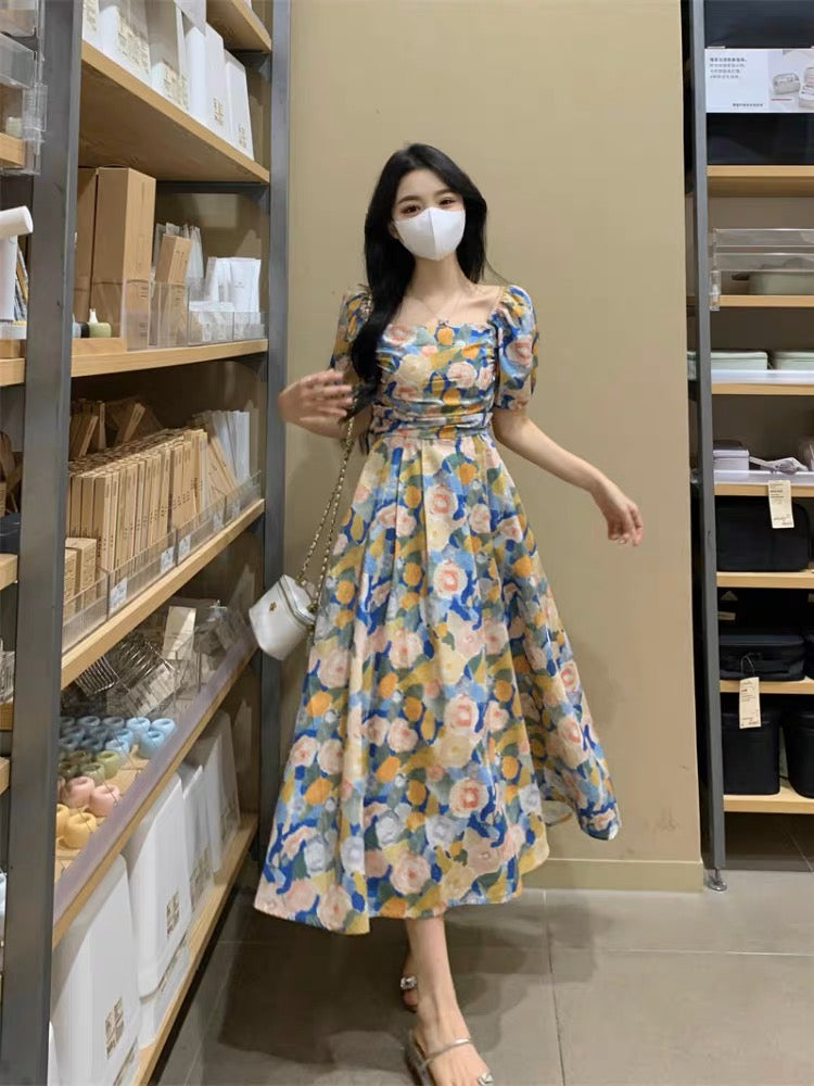 Large size fat MM seaside vacation tea break dress female summer gentle wind one-shoulder waist slimming a-line long skirt
