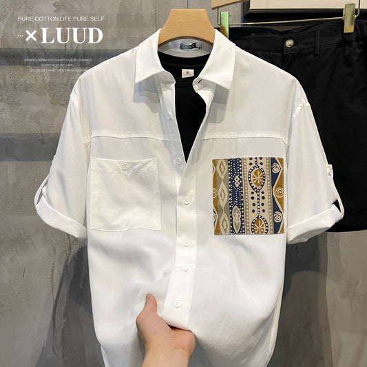 LUUD retro nostalgic pattern patch fake pocket shirt British handsome men's short-sleeved loose lapel top