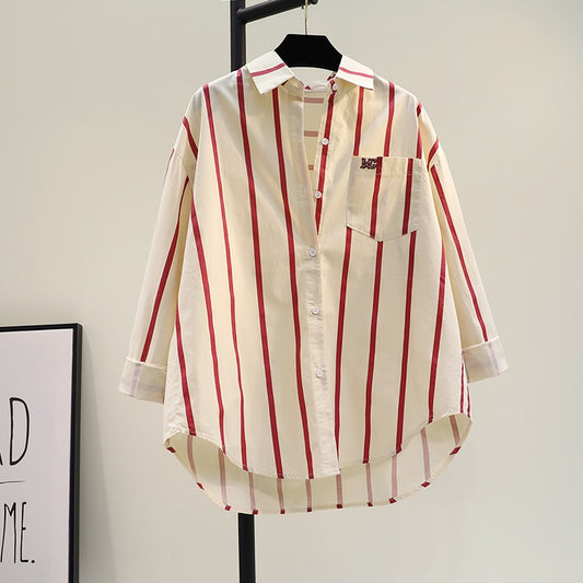 Red vertical striped long-sleeved cotton shirt women 2023 spring new Korean version loose casual shirt thin cardigan top