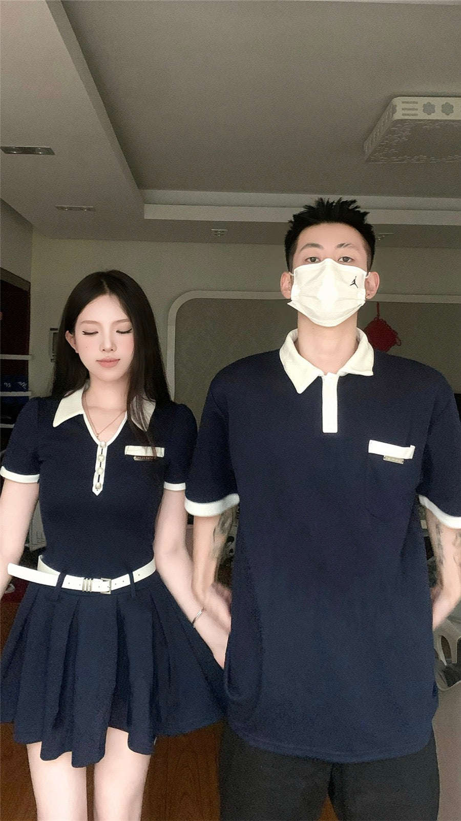 Niche design sense couple outfit summer Korean version polo short-sleeved T-shirt female dress French one skirt one clothes ins tide