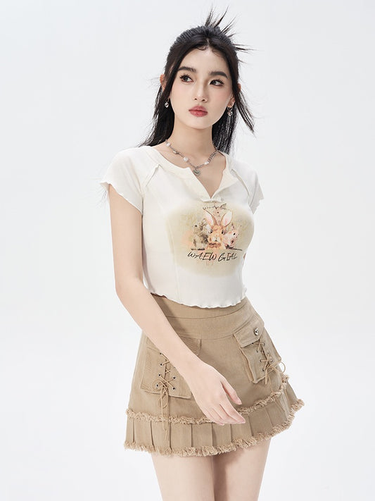 WAEW Original Short Rabbit Print Short-sleeved T-shirt Slim Slim Design Simple Sweet Spicy Top Women's Summer