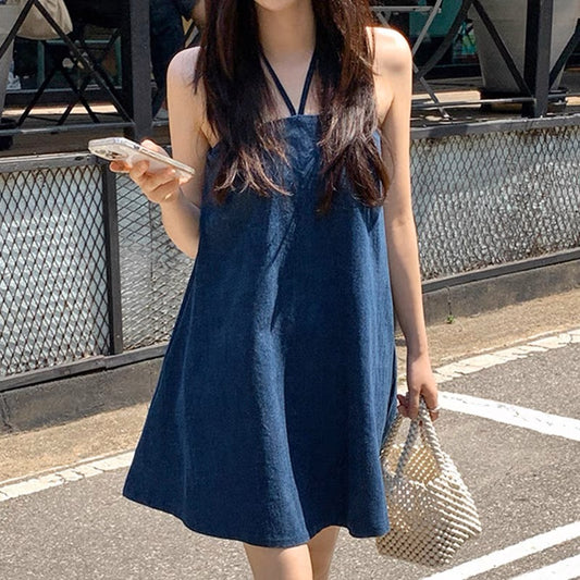French retro hanging neck denim dress women's summer niche design sense loose casual small short skirt
