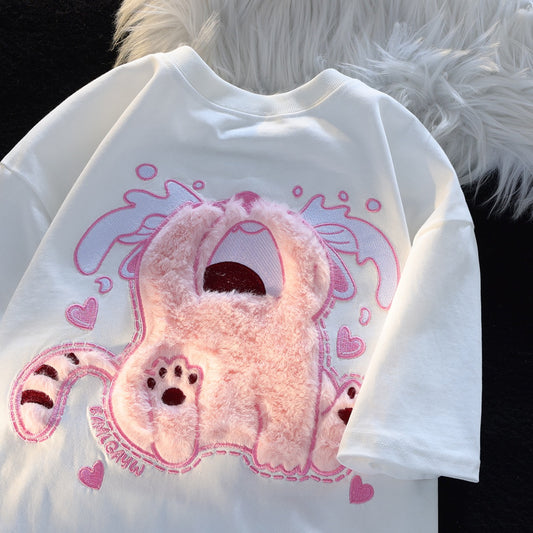 JWNEED crying kitten loose couple outfit T-shirt men and women summer ins sweet 3D three-dimensional college style short sleeves
