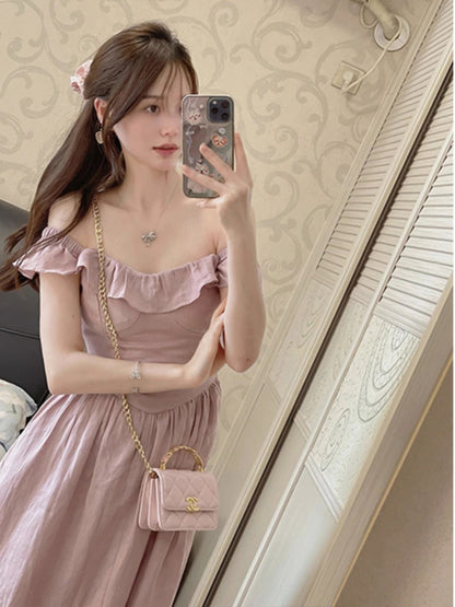 French-style small flying sleeve dress women's summer new waist slimming skirt gentle wind pink temperament long skirt goddess fan