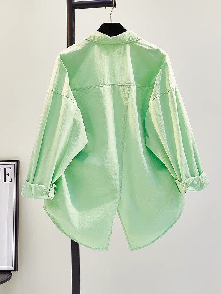 Fruit green back slit casual shirt women 2023 early autumn new Korean version loose all-match single-pocket shirt cardigan