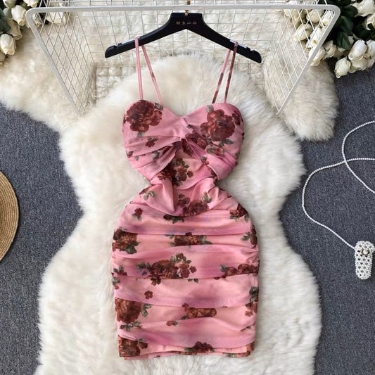 Mesh pleated tube top floral suspender skirt female summer retro celebrity waist slimming hip sexy hot girl dress