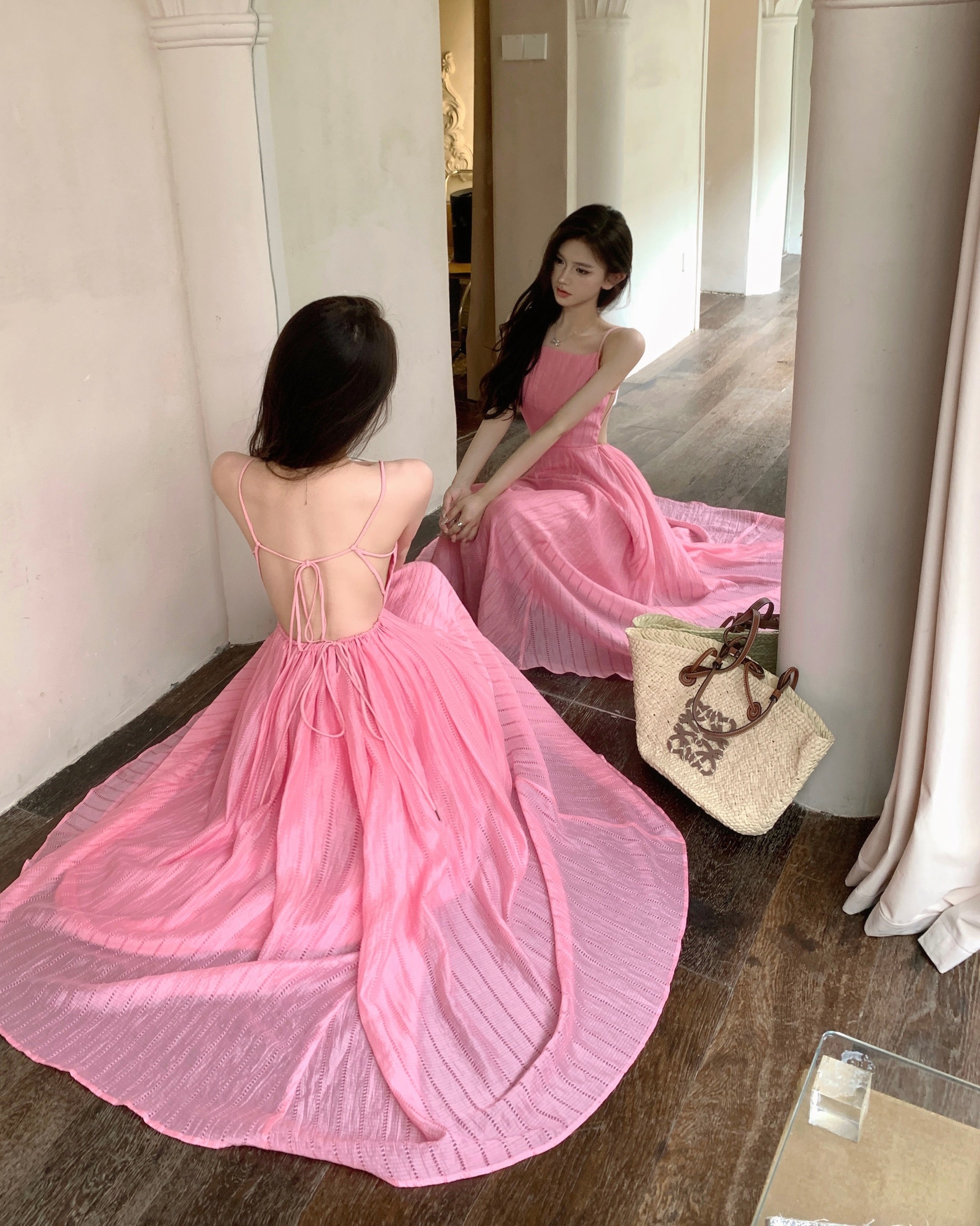 Temperament peach pink seaside holiday backless big swing skirt