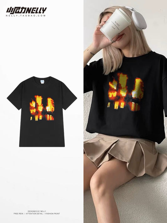 American retro couple outfit tide brand t-shirt European and American high street ins heavy short-sleeved men's summer 2023 half-sleeved bf