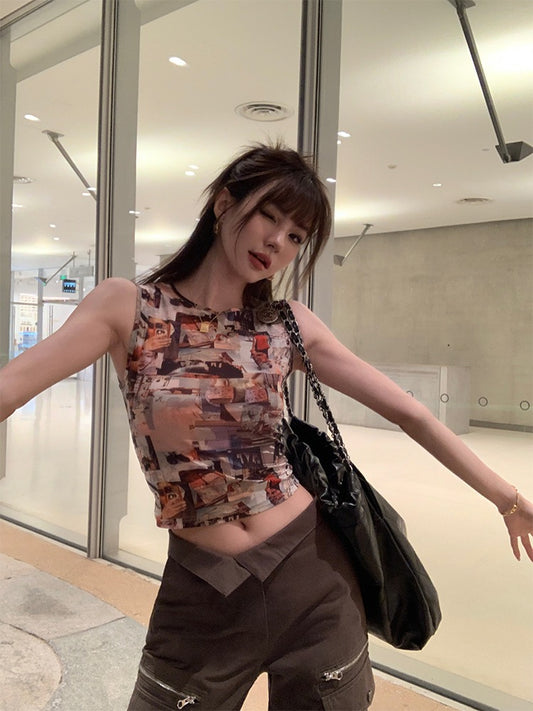 IMMR summer new style inner and outer wear sleeveless hot girl round neck vest female self-cultivation design sense of thin short top