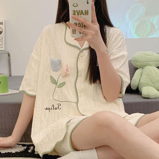 Summer pajamas women's short-sleeved pure cotton thin section can be worn outside Korean version fresh student two-piece suit junior high school student home service