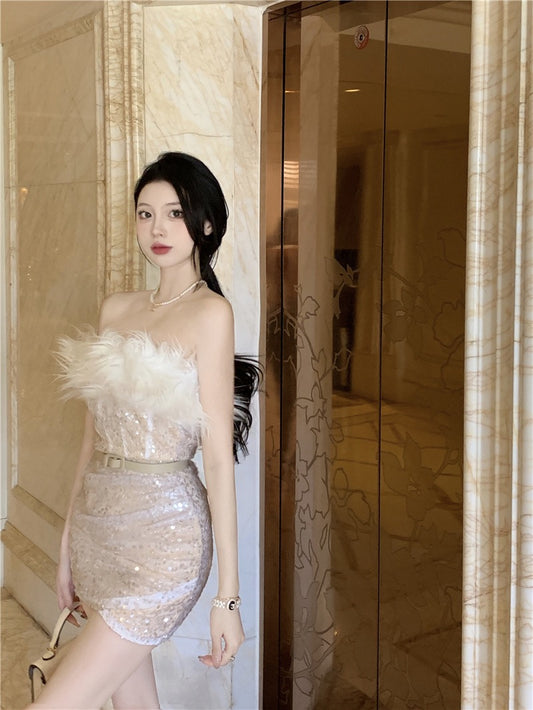 Hot girl beautiful back tube top dress female summer slim waist mesh splicing bag hip skirt plush velvet flashing one step skirt