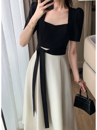 FT GUOGE square collar dress women's 2023 summer new high-end French slim temperament splicing fake two-piece long skirt