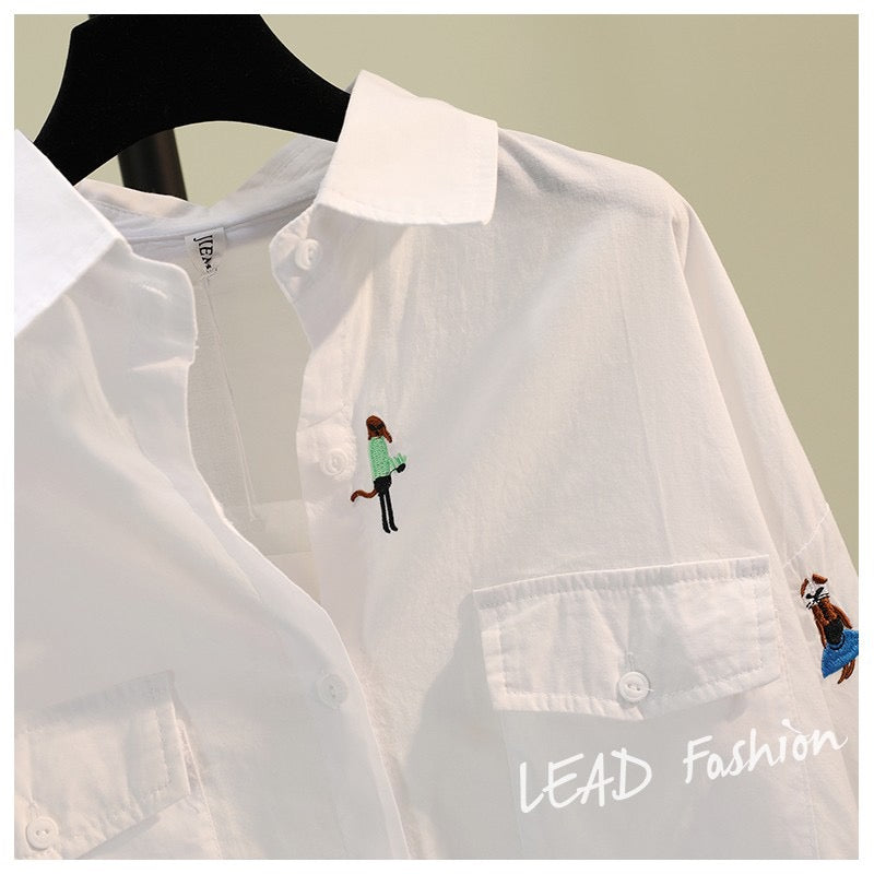 Embroidered cartoon cotton and linen white shirt women 2023 spring new Korean style literary loose casual shirt top tide
