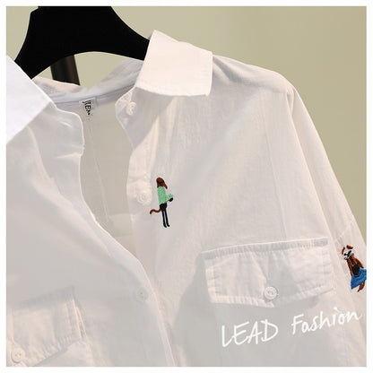 Embroidered cartoon cotton and linen white shirt women 2023 spring new Korean style literary loose casual shirt top tide