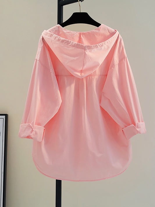 Pink hooded cotton shirt thin coat female 2023 spring and summer new single pocket casual sun protection clothing cardigan shirt