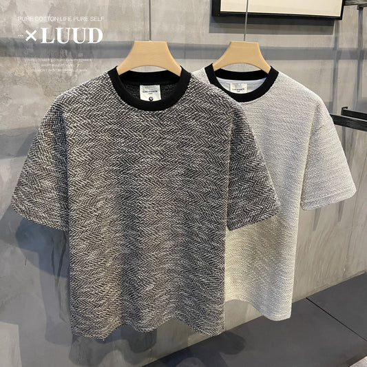LUUD Xiaoxiang wind hit color retro round neck short-sleeved shirt men's handsome British casual loose shoulder T-shirt top