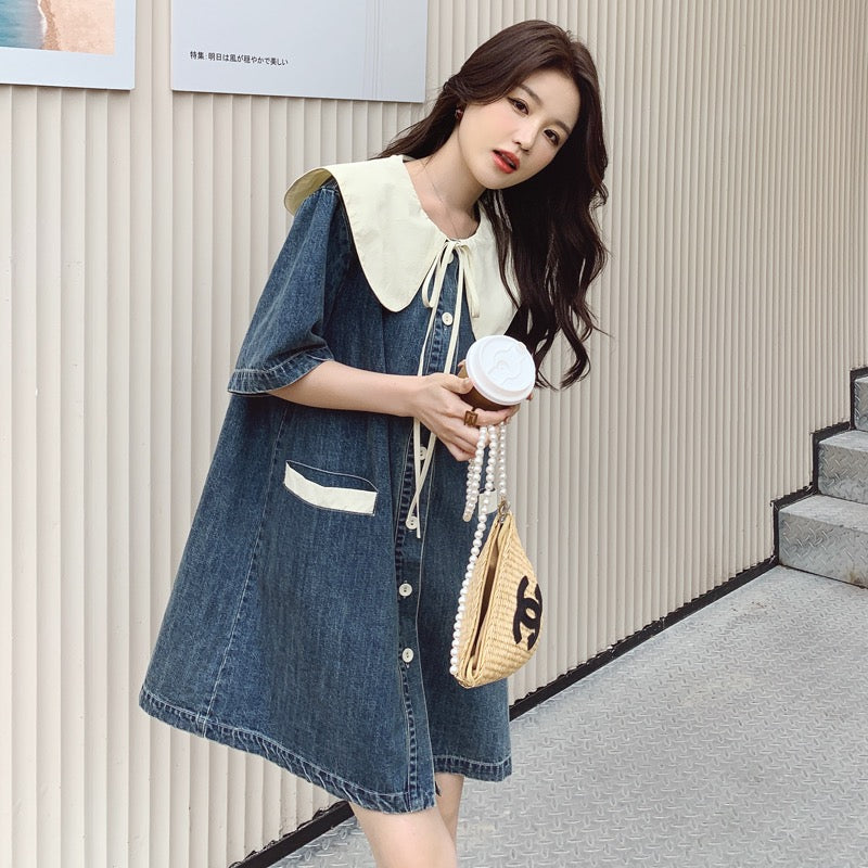 French retro denim doll collar dress female summer 2023 new can be salty and sweet small girl skirt