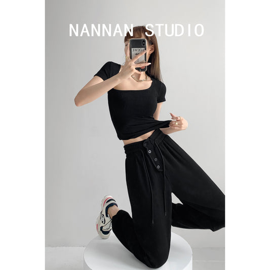 Sweet and cool girl feeling age-reducing hot girl hip-hop loose sports pants spring and autumn thin section high-waisted casual pants with legged pants trendy