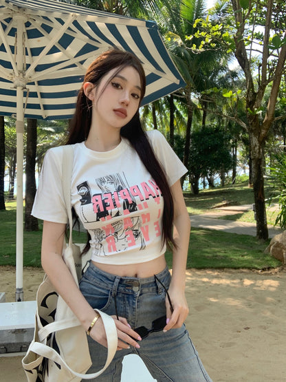 Kumikumi hot girl round neck short-sleeved letter print T-shirt women's spring Hong Kong flavor retro all-match short top tide