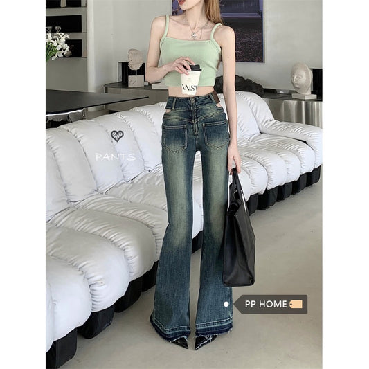 PPHOME free and easy sister~Small retro blue slightly booted jeans women's design sense niche waistless horseshoe pants