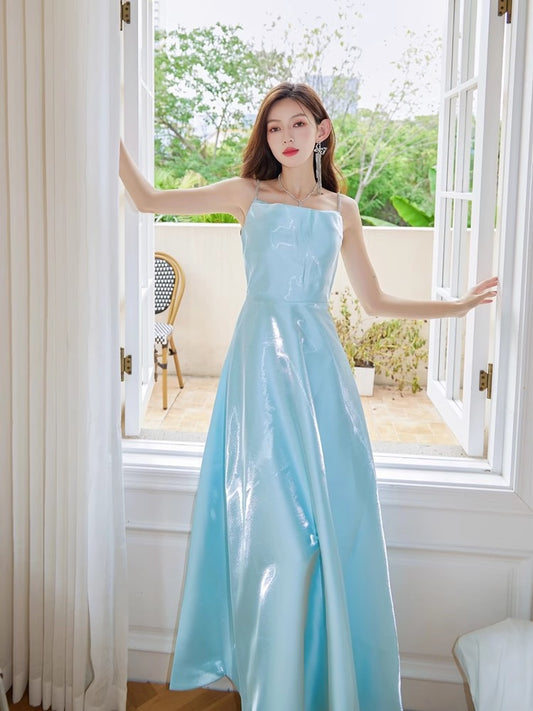 dollytang Duojia streamer mint blue waist big swing rhinestone suspender dress texture glossy dress