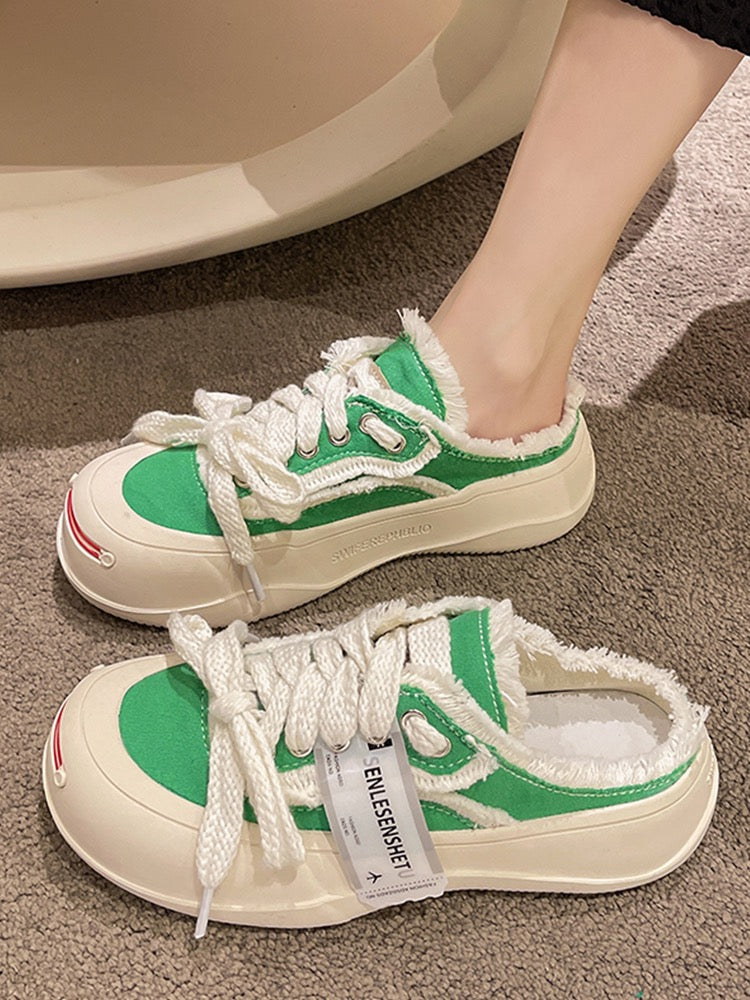Baotou semi-slippers women's summer wear ins tide 2023 new opening smile canvas shoes thick-soled small white sandals and slippers