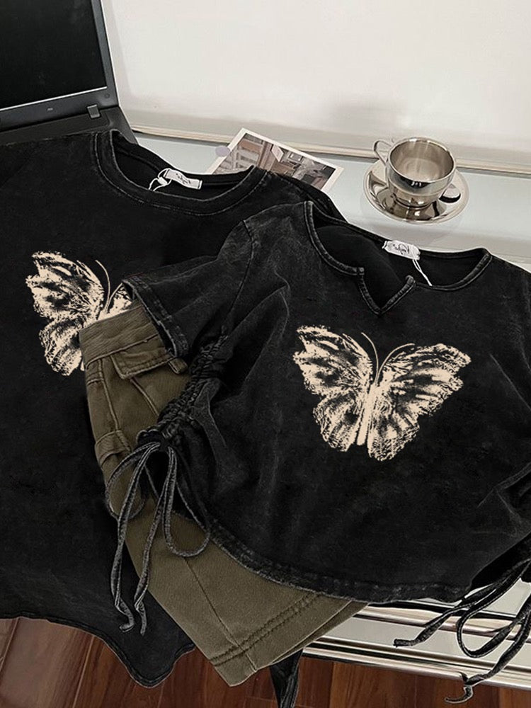 American retro washed old short-sleeved tide brand t-shirt women's summer 2023 new loose Hong Kong style chic top ins