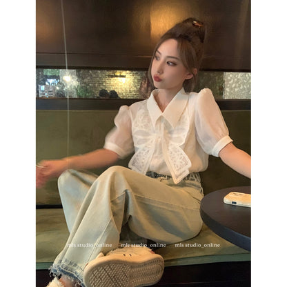 MLS high-end French unique chic small top women's summer fashion temperament small shirt bow short-sleeved shirt