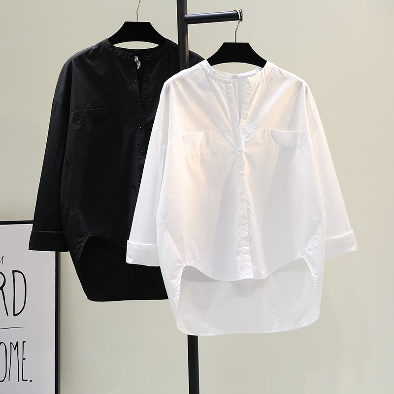 Round neck white long-sleeved shirt women 2023 spring new quality loose casual shirt roll sleeve top cardigan tide
