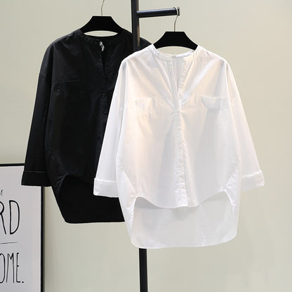 Round neck white long-sleeved shirt women 2023 spring new quality loose casual shirt roll sleeve top cardigan tide