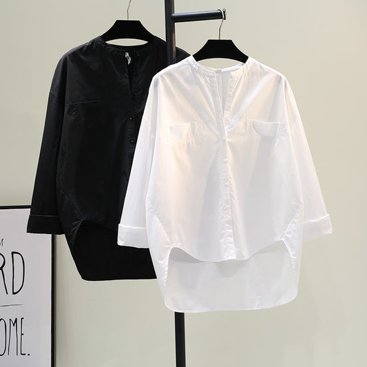 Round neck white long-sleeved shirt women 2023 spring new quality loose casual shirt roll sleeve top cardigan tide