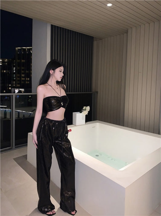 Summer sequin black two-piece suit women's hot girl temperament hanging neck tube top vest high waist casual wide-leg trousers