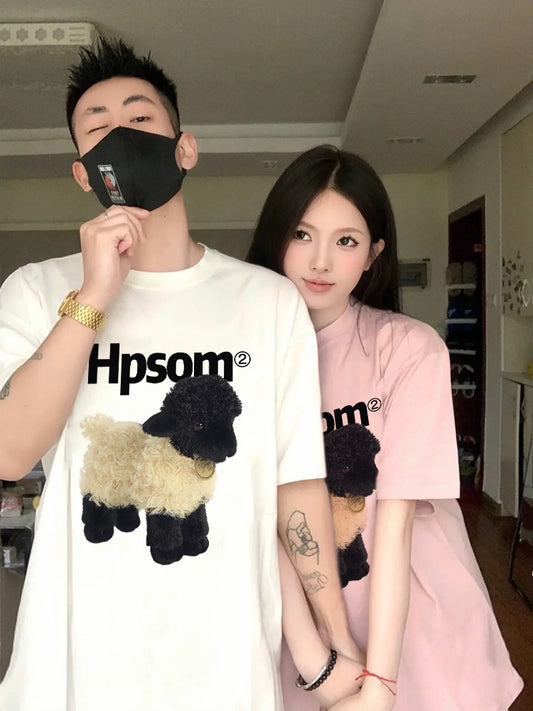 2023 new high-end trendy brand couple short-sleeved t-shirt summer different couple wear summer dress pink